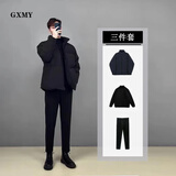 gxmy轻熟风棉服男士休闲冬季韩版潮流加绒加厚棉衣服男装外套一套搭配 黑色棉服+高领黑毛衣+加绒黑西裤 XL 【125-145斤】