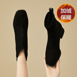 达芙妮加绒短靴女2025冬季新款气质绒面时装靴百搭粗跟法式瘦瘦靴女靴 黑色加绒 37