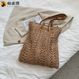 帕米琪（PAMIQI）草编包  2024七夕夏季休闲单肩包森系手工编织包大容量沙滩女包 卡其色