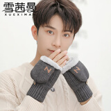 雪茜曼男士手套翻盖N字母冬天男保暖防寒加绒加厚韩版潮露指学生骑行