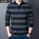 JEEP SPIRIT吉普休闲纯棉翻领条纹长袖t恤男春秋珠地商务体恤衫绣标大码上衣 军绿6906款 XL (180) /96A建议145-155斤