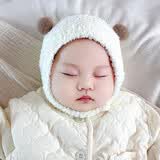 贝娜茜婴儿帽子秋冬款男女宝宝帽子冬季加厚护耳珊瑚绒毛线帽套头帽保暖 双球珊瑚绒-白色 0-12个月（37-45CM）