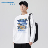 真维斯（JEANSWEST）T恤男春夏季薄款宽松纯棉男士长袖国风圆领个性百搭打底衫白色2XL