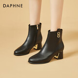 达芙妮高跟鞋女法式粗跟短靴增高显瘦皮靴女4622607023 黑色（单里） 36