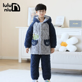 噜噜牛冬季儿童睡衣男孩珊瑚绒三层夹棉中长款加厚大童男童家居服 深蓝色-82033 150 (16码建议身高140-145)