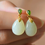 森宝莱和田玉耳环女 羊脂白玉水滴耳坠 妈妈款玉石耳饰 送人礼物 和田白玉耳坠