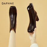 达芙妮加绒方头短靴女粗跟气质高跟马丁靴百搭时尚皮靴女4622607029 黑色（加绒） 36