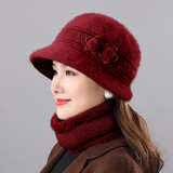 笙格儿 帽子女冬季中老年保暖兔毛帽老年人毛线帽围巾冬季送妈妈的生日礼物加绒针织帽 酒红 单个帽子 均码