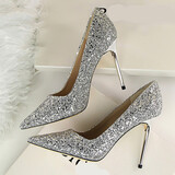 彩姿莲高跟鞋女细跟网红明星同款闪耀亮片尖头显瘦性感高跟鞋 银色9.5CM 37