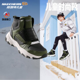 Skechers斯凯奇儿童绒绒靴男女童冬季防滑儿童加绒运动鞋中帮棉靴302527L 男童-橄榄色-黑色-OLBK 33.5