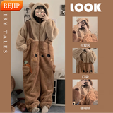 REJIP可爱加厚连帽珊瑚绒卡通小熊睡衣女冬季网红睡袍法兰绒家居套装 小熊连体衣睡衣 M建议【100-120斤】可穿