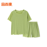 宜而爽女士舒适宽松居家服装短袖背心T恤短裤家居服女可外穿吊带裙 短袖套装-浅绿 XL(170)