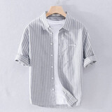 构致（GLOY&ZENITH）夏季五分袖短袖衬衫男休闲薄款衬衣男士日系纯棉条纹文艺中袖上衣 灰色 XXL（140-155斤）