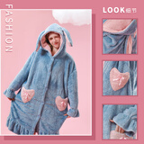 妍艺诗睡衣女冬小怪兽珊瑚绒加厚夹棉家居服套装玉桂狗睡袍女睡裙 蓝兔【睡袍+裤子】 S/M【推荐70-125斤】