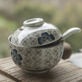 和风四季浅田釉下彩陶瓷碗日式餐具家用盖碗汤碗蒸碗泡饭碗餐厅摆台餐具 4.5英寸小号蓝富贵盖碗+瓷勺