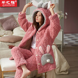 芊之雅冬天珊瑚绒夹棉睡衣女生居家服三层加厚加棉保暖棉袄加绒连帽套装 YBJ-2466# M
