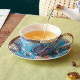 INGRI（英格丽）欧式轻奢高档描金茶壶咖啡杯碟套装客厅家用杯具水具过滤器骨瓷单人子母壶套装 翡翠-1杯1碟-礼盒装