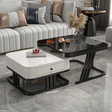 岩板茶几客厅家用茶几桌轻奢风格方形边桌组合可伸缩 黑架白柜【白岩板+黑玻璃】
