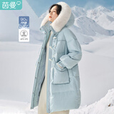 茵曼（INMAN）冬女装新款简约连帽毛领长款羽绒宽松长袖长款九江轻暖羽绒服外套 灰蓝色 L