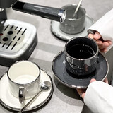 古莜轻奢咖啡杯陶瓷咖啡杯碟套装茶具杯子水杯银边杯子单杯碟勺 银边杯碟勺【深灰色】礼盒装