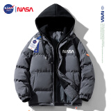 NASA GISS 连帽棉衣男士秋冬棉服男情侣外套加厚保暖青少年棉袄 灰白 XL 