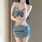 栢启歆泳衣女分体纯欲性感比基尼三件套沙滩拍照好看海边度假温泉游泳装 比基尼三件套-蓝色妖姬