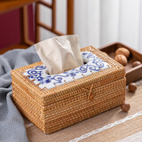 半物生活 抽纸盒创意家用纸巾盒客厅简约手工纸抽盒藤编欧式桌面收纳纸筒  青花长方形
