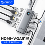 奥睿科（ORICO）Type-C扩展坞拓展HDMI转换器分线器hub网口转接头适用华为苹果macbook笔记本电脑 PW11-8PC灰