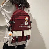 日系韩国ins风大容量书包男女高中学生韩版原宿学院风简约休闲初中生校园背包港风大学生男生双肩包电脑包 红色+小鸭【关注的店铺带勋章】