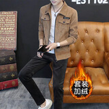 男府夹克男外套修身秋冬季新款灯芯绒上衣服男装加绒套装潮流休闲工装 【棕色衣+黑色裤】-加绒+白色T恤 3XL 修身款-偏小一码