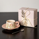 SUCCOHOMEWARE小清新花卉咖啡杯套装礼盒 ins风复古陶瓷马克杯新婚礼物搬家乔迁 风铃粉(一杯一碟一勺)礼品包装