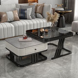 岩板茶几客厅家用茶几桌轻奢风格方形边桌组合可伸缩 黑架白柜【灰岩板+黑玻璃】