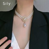 思梨复古宫廷风轻奢镶钻双层仿珍珠项链女赫本气质锁骨链宴会礼服配饰 双层水滴珍珠项链