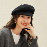 Siggi帽子女羊毛贝雷帽秋冬复古时尚报童帽百搭鸭舌画家帽静谧黑