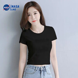 尚简纷纯棉短袖短款t恤女修身2025秋季新款时尚韩版高腰显瘦黑色上衣女 黑色纯棉【纯色圆领】短款 XL 建议111-125