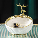帕美居现代创意金鹿头摆件进门鞋柜玄关钥匙收纳客厅电视柜轻奢托盘装饰 白描金宽口