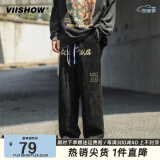 viishow日系工装裤男款春秋高街美式复古宽松麂皮绒重磅休闲百搭阔腿裤 黑色 M