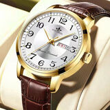 上海全自动机械表韩版时尚薄款双日历中老年夜光防水商务手表男士 瑞士精美腕表-白面棕皮带