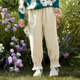 茵曼（INMAN）童装灯芯绒休闲长裤女童秋冬新款儿童时尚荷叶边束脚松紧腰裤 杏色 160