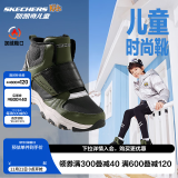 Skechers斯凯奇儿童绒绒靴男女童冬季防滑儿童加绒运动鞋中帮棉靴302527L 男童-橄榄色-黑色-OLBK 33.5码