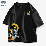 GENIOLAMODE男士短袖纯棉夏季舒适百搭潮流时尚圆领t恤男青少年夏装 黑色 L