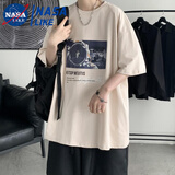 忆克萨男士宇航员短袖潮牌T恤ins港风半袖衣服新款五分袖宽松秋季男套装 单件【卡其】 M 【关注店铺优先发货】