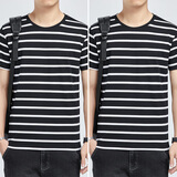 宾色条纹t恤男短袖棉修身圆领海魂衫半袖男体恤夏季潮流休闲打底 黑色+黑色 L 【115-130斤】