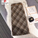 皮尔卡丹（pierre cardin）格子毛呢半身裙复古2025百搭包臀秋冬新款高腰显瘦开叉中长裙子 卡其色 裙长72 L 腰围72建议105-115斤