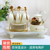 那些时光欧式茶具陶瓷英式茶壶下午 茶花茶杯茶具套装耐热泡茶壶 金玫瑰（6杯碟+壶）含铁架+勺(（托盘简装）)