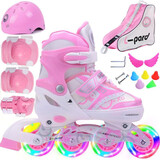 捷豹溜冰鞋儿童轮滑鞋男女初学者旱冰鞋可调滑冰鞋 粉色8轮闪光（头盔+护具+鞋包） 小码S（鞋标31-34）3-5岁穿