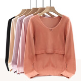 佑孕产后哺乳秋衣产妇喂奶衣美体修身保暖内衣长袖睡衣秋冬打底喂奶衣 上衣（21229款）-黑色 L码(适合90-125斤）