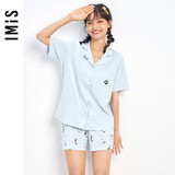 爱慕旗下爱美丽内衣女棉质翻领印花短袖短裤睡衣家居服套装萌宠猫IM46BCN1蓝色155
