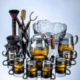 正扬玻璃功夫茶具套装家用整套耐热透明贴花办公泡茶壶茶杯木手柄高档 10头(正圆尊)烟-把杯+茶道茶洗