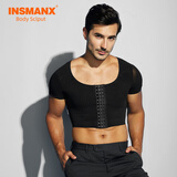 INSMANX男士塑身衣束胸瘦胸短袖式排扣拉链设计收胸塑胸大胸突点紧身衣 排扣黑色 2XL